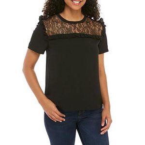 French Connection | Inset Lace Woven Top | Black - M | MSRP $68